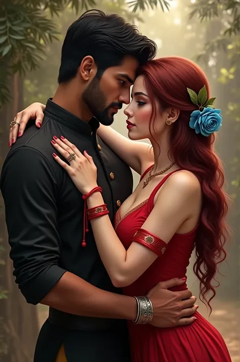 Indian man with short hair black eyes  ,  light brown skin beard mustache and short black hair wearing black Indian clothes and a silver ring bracelet, embracing from behind a woman with dark red hair, light brown eyes and white skin ,  Big breasts  ,  in ...