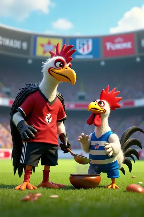 Create an image of the vulture dressed in the Flamengo ,  uniform cooking a rooster dressed in the Atlético Mineiro teams uniform on the Atlético Mineiro teams field in Pixar cartoon style in 4D