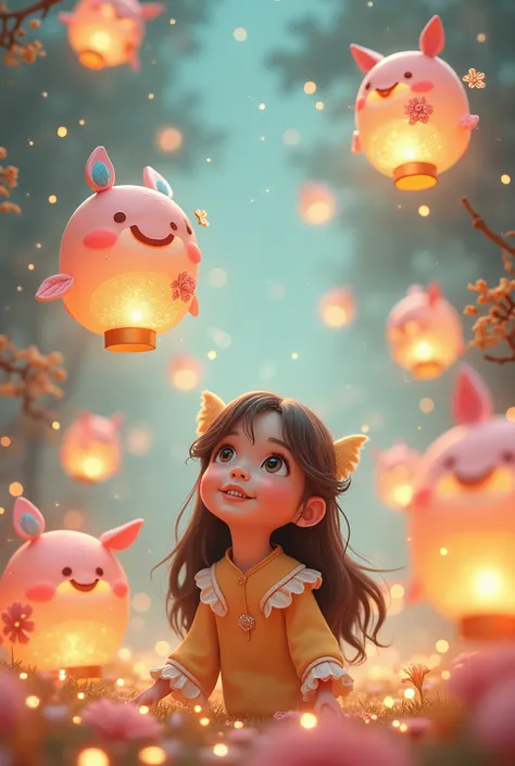 A whimsical, fantasy-inspired scene of a young girl surrounded by uniquely designed floating lanterns in the shape of magical creatures, flowers, and stars. Each lantern glows with a soft, warm light and has delicate, intricate details, such as floral patt...