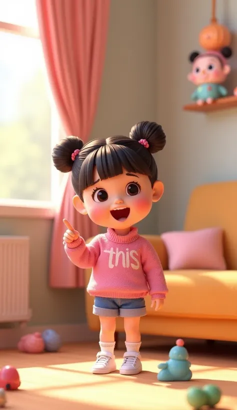  x} A cute and adorable with her hair braided into two buns on top and bangs ,  wearing a pink sweater with  "THIS"  printed on the front , blue shorts, short socks ,  and white sneakers .  The style is 3D animation with a pastel color palette ,  creating ...