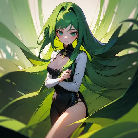 1 girl with long long dark emerald green hair, 