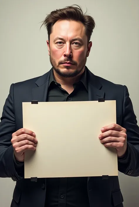 Real Elon musk has a beard holding a poster with both hands