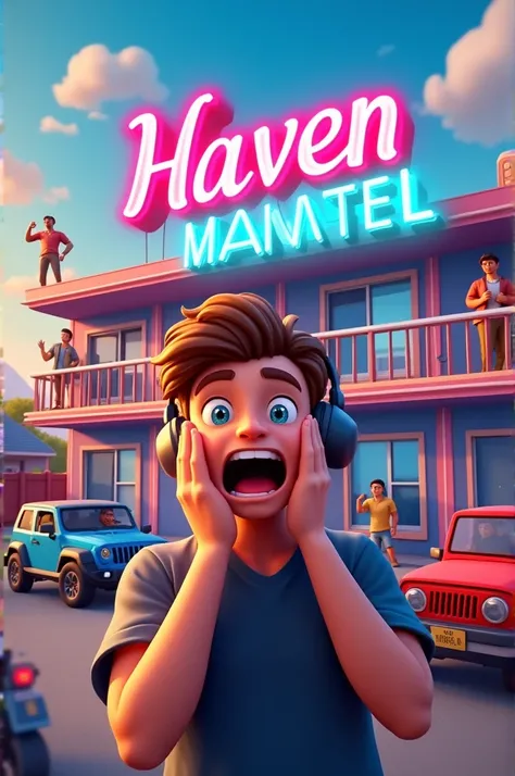 "Create a colorful and vibrant YouTube thumbnail for a game called Motel Manager Simulator. The thumbnail should feature a two-story motel with a neon sign reading Haven Motel at the top. Several characters are standing on the balcony and near the motel ro...