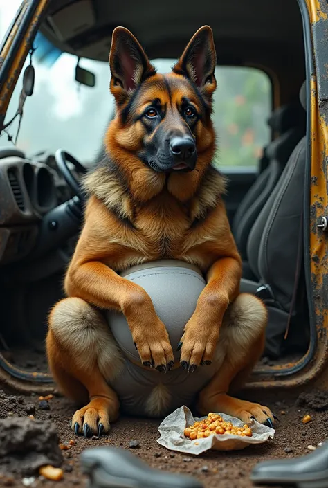 Fat german shepherd wearing underwears while in a destroyed car eating whit ripped clothes