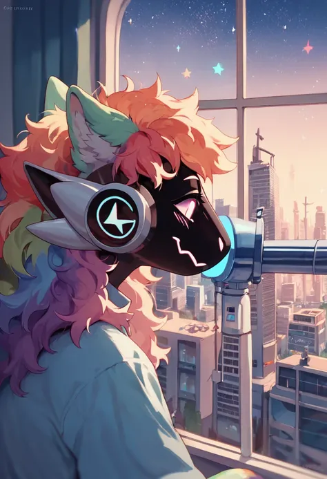 score_9, score_8_up, score_8, anime, (femboy), protogen, messy hair, glow, rainbow hair, rainbow fur body, (wearing an oversized shirt), telescope through open window, looking through a telescope, behind view, stargazing, (cozy apartment background, window...