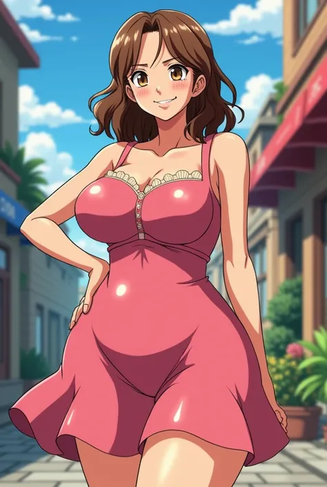  Create me a character in the same style as the anime One Piece,  who is a girl with wavy hair, medium brown ,  honey-colored eyes and a little chubby with big breasts ,  pale skin and big thighs. Occupy pink dress 