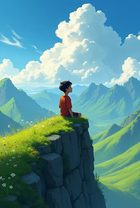 Create a boy thinking wishes in the top of the mountain in green field
