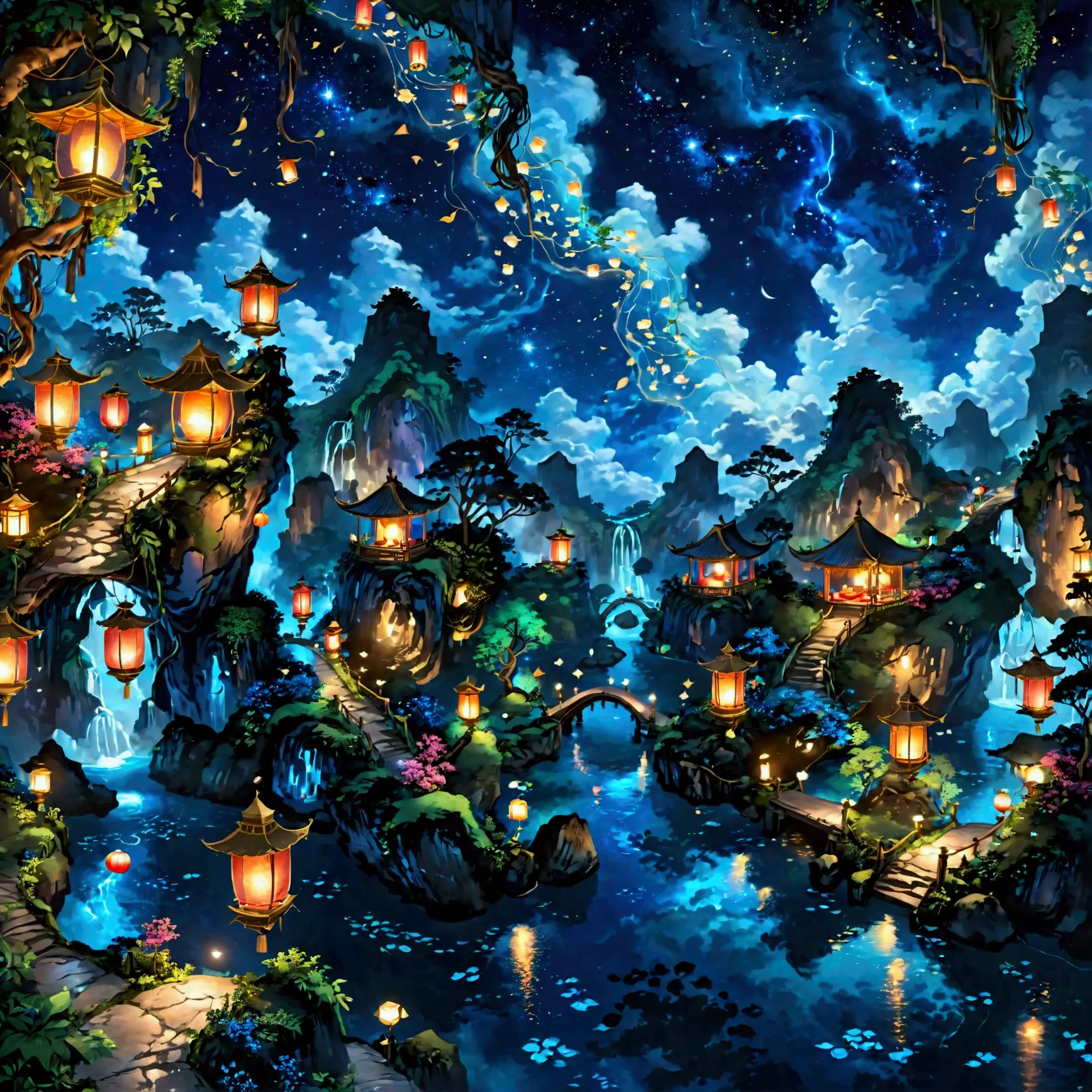 a beautiful, fantastical night scene featuring a pathway illuminated by floating lanterns that connect a series of floating isla...