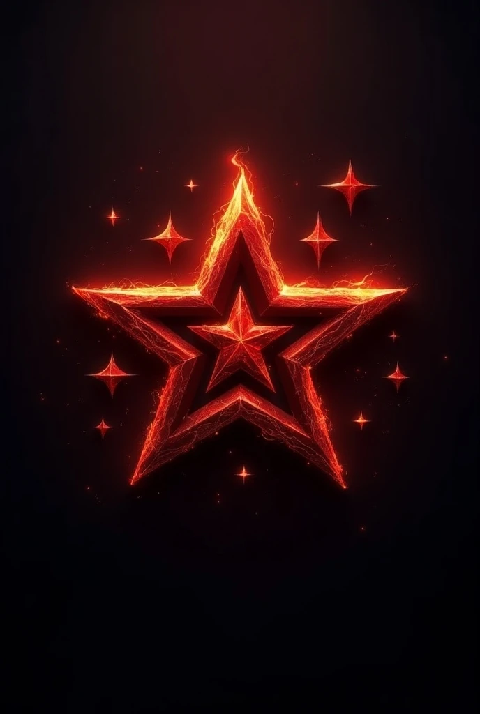 logo "STARWUZZ" 3D, black background, dark dominant, red, fiery, lightning, bold, strong, superhero vibes, shiny, shining, flash, fire, thunder, iron, dark, 5 stars. 