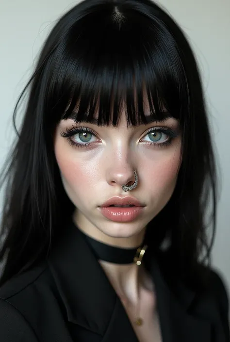 White black-haired bratz with bangs and nose ring piercing 
