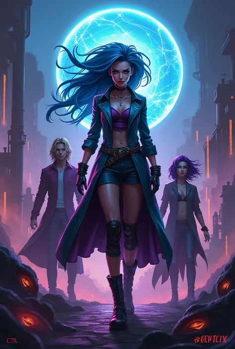 Make a wallpaper for an arcane Netflix series and make Jinx very big in the middle with other characters around

