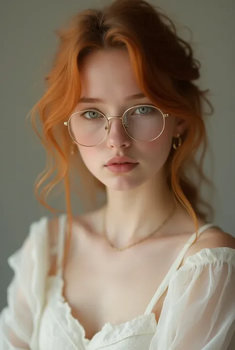  A 20-year-old girl with reddish hair, moderately long, very thin and light honey-colored eyes. Dressed in white and with thin-framed lenses. With British nationality 