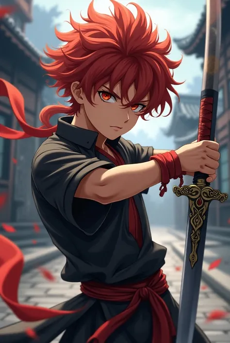 A young boy with curly hair who looks like anime character from demon slayer with his sword.
