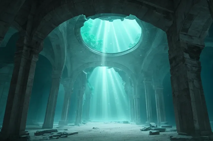 (masterpiece, Best Quality, Super detailed,anime,8k,), A place like an underwater ruins is depicted ,,( There is a large hole in the ceiling 、The light is coming from there),, The pillars and arches of the ruins are about to collapse ,, creatures that spre...