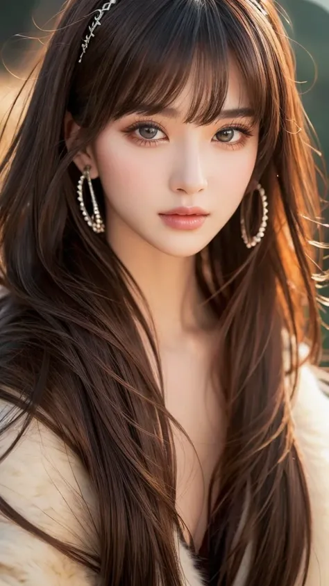 Best Quality　 face up 　Close distance　Ancient Beauty　Wild 　With bangs　sexy fur clothes　Sparkling Eyes　glamorous body seductive pose　 fantastic space　