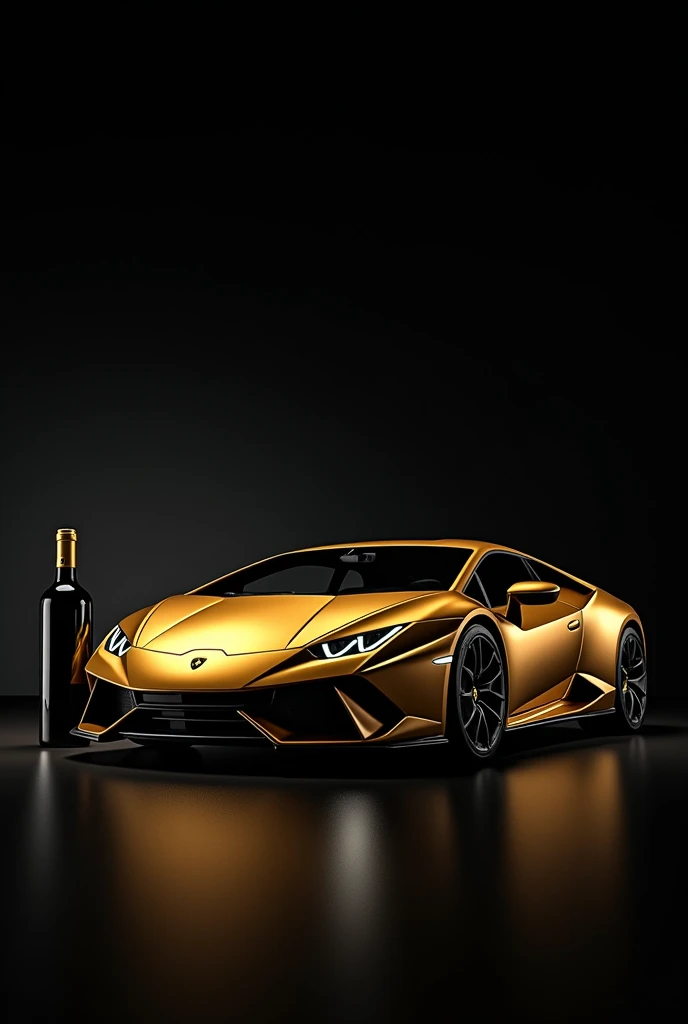 Golden Lamborghini and luxury white wine bottle high definition picture background is black