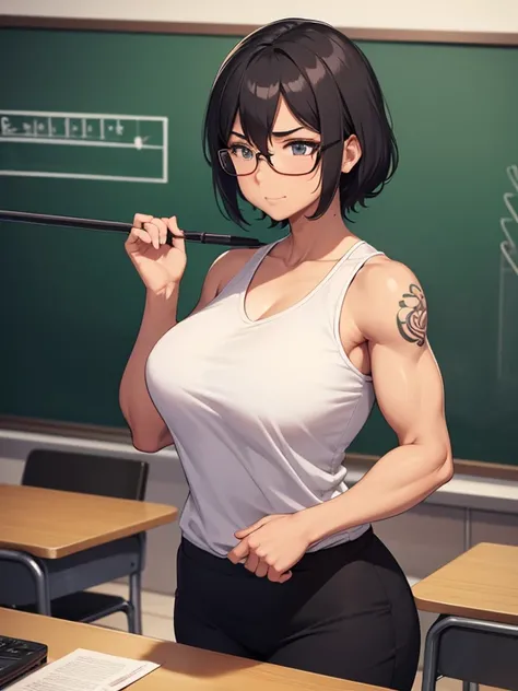  middle aged female teacher, black, defined biceps, teaching .  a lot of tattoos
