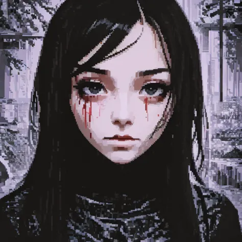  [PixElated Anime Girl, in a terrible style of manga; The state of anxious immobility, the mood of the dark riddle and subcultural anxiety], [Pixel Art, Manga Style, Horror], [Revolution of pixel art 128x128, with bright white moments; The background of th...