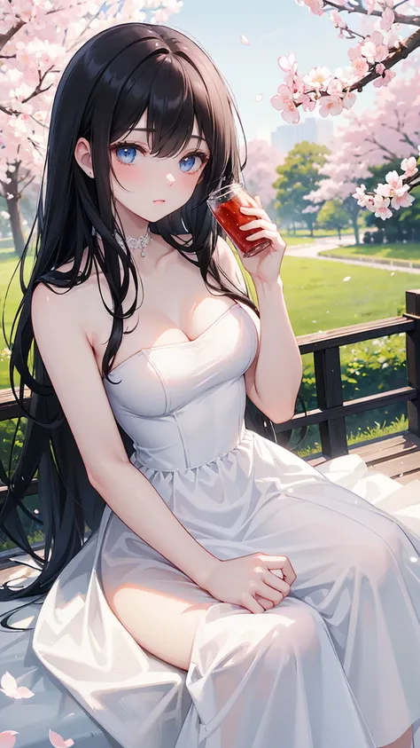 Black Long Straight Hair, Wedding Dress， white dress, blue eyes， Holding a soda , Relaxation posture, sit, Review, healthy skin, Outdoor scenery, Cherry Blossoms Flying, Bright natural light , The sun shines in from the top left, A warm and gentle atmosphe...