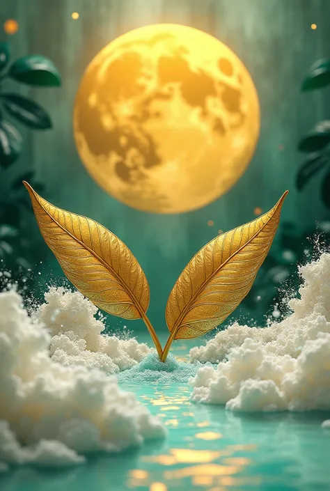 Two golden green flakes with a yellow moon in the middle , with a river in white waves with Thai pattern, Thai shivers, Thai art ,3K,4D,cg,Contrast of colors 