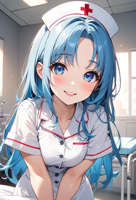 (panoramic), (cute and delicate), (immensely beautiful illustration), (solo, frontal), (beautiful forehead) (beautiful vivid blue hair beauty long hair), (best cute girl), (best cute blue eyes) (cute glossy lip), ((cute makeup)), (love smile), (best cute s...