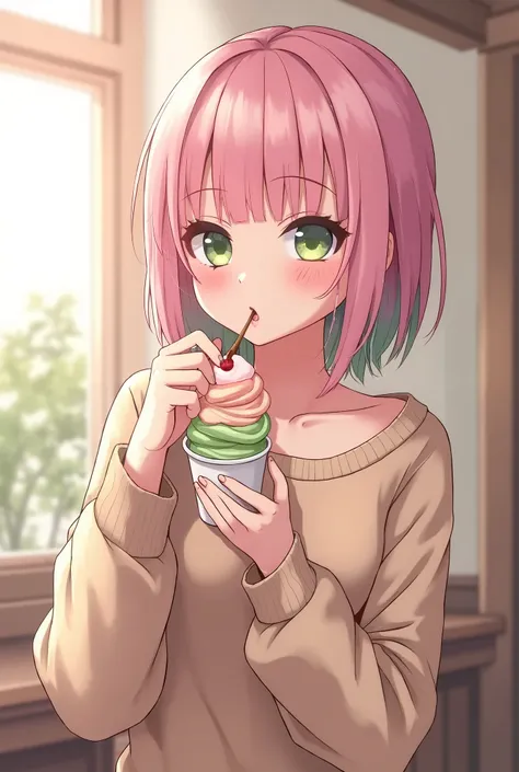 Anime cute gamer girl with bangs and light pink hair with green highlights eating gelato seductively wearing a comfy sweater, 8k