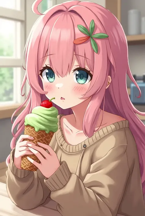 Anime cute gamer girl with bangs and light pink hair with green highlights eating gelato seductively wearing a comfy sweater, 8k