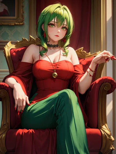 A woman, with green hair, wearing a red dress with a yellow ornament, sits on a chair