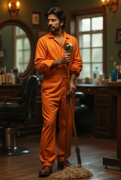 "Generate a hyper-realistic image of shah rukh khan  wearing an orange jumpsuit, skillfully moping the floor  in a classic, vintage-style barbershop.
The scene should capture fine details like the cleaning tools in his hands, the expressions on his face th...