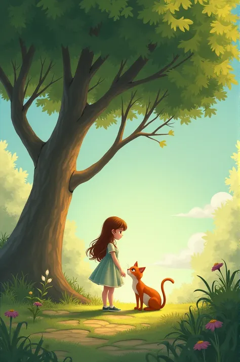 a cat and a girl standing near a tree 