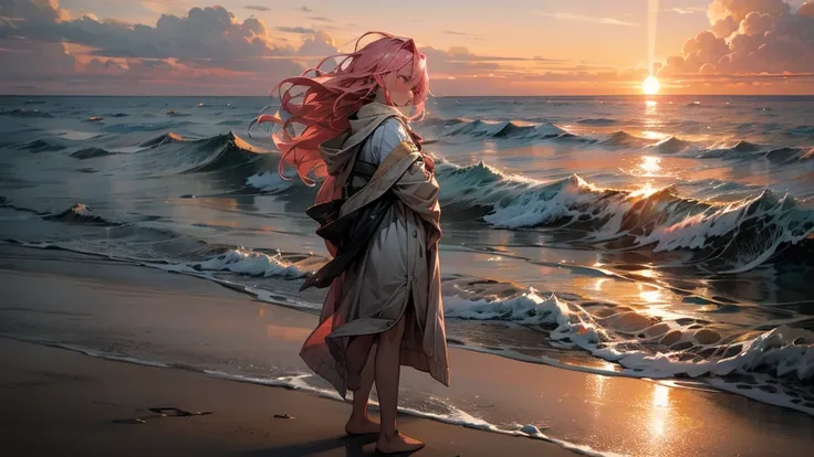 A peaceful beach scene just before sunset, with a sky colored in warm oranges and soft pinks fading into dusk. A person stands alone near the shoreline, gazing out toward the sea with a reflective and melancholic expression, as if lost in thought. Their ha...