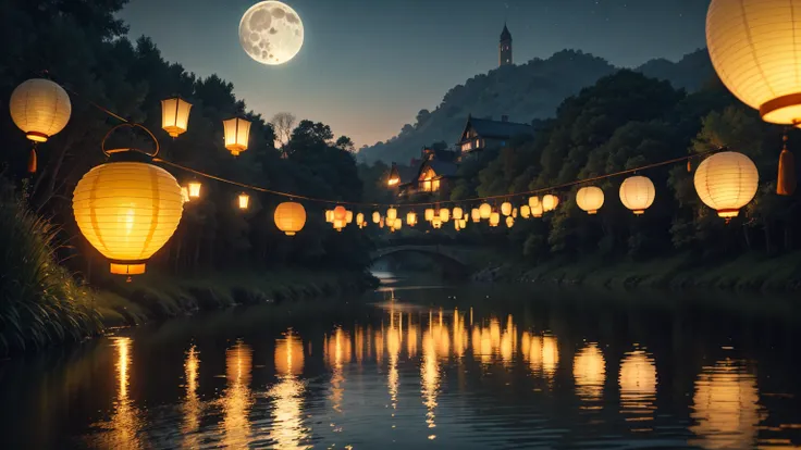 many Floating Lanterns,Late Night,full moon,lake,very wide shot:1.1,distant view:1.5,quality,Ultra detailed, best quality, insanely detailed, beautiful, masterpiece