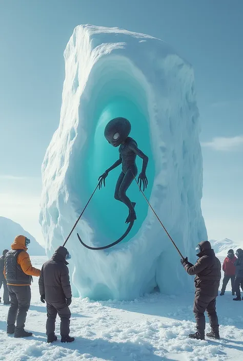 in Antarctica team of scientist found small  beautiful  alien trapped in ice which is irregular in shape  and they are tiring to explore them team is of 10 members and 2  are pulling animal with rope