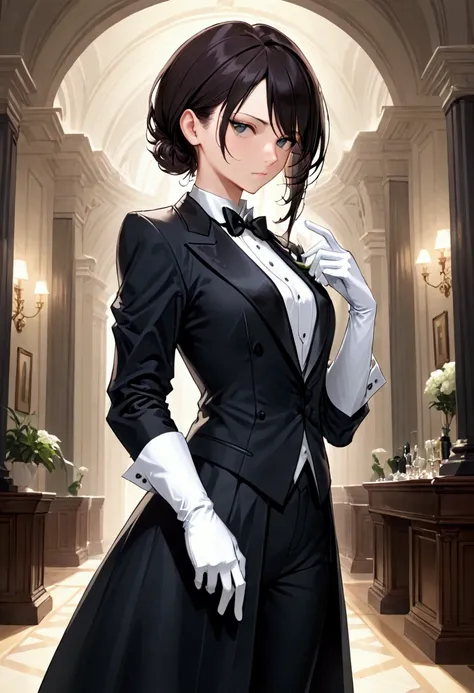 1girl wearing a tuxedo, She puts on her white gloves. Butler female, badass, tailored tailcoat 