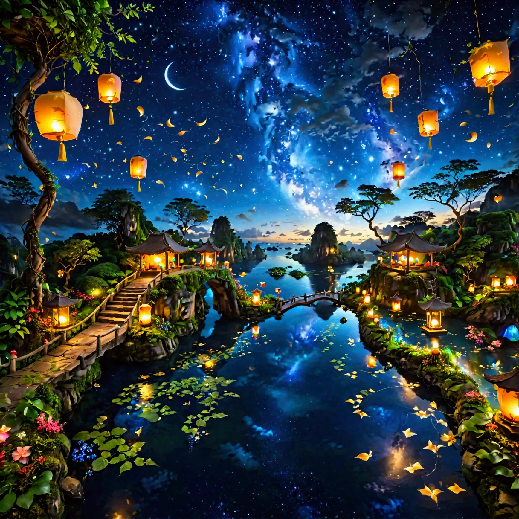 a beautiful, fantastical night scene featuring a pathway illuminated by floating lanterns that connect a series of floating isla...