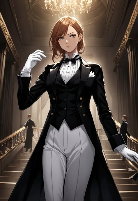 1girl wearing a tuxedo, She puts on her white gloves. Butler female, badass, tailored tailcoat 