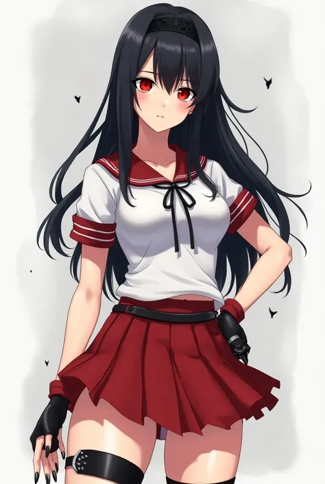 Sarada Uchiha 23 years old long black hair red eyes dresses sono Sailor Moon tiara on the forehead color black short skirt red with black showing her legs in a pleated shape, white sailor blouse fitted to the body ,  thin waist with beautiful legs red boot...