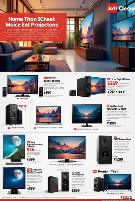 Create jyoti electronic shop advertisement for atoms home theatre, led/lcd Tv, Fans,Amplifire,etc generate crative 