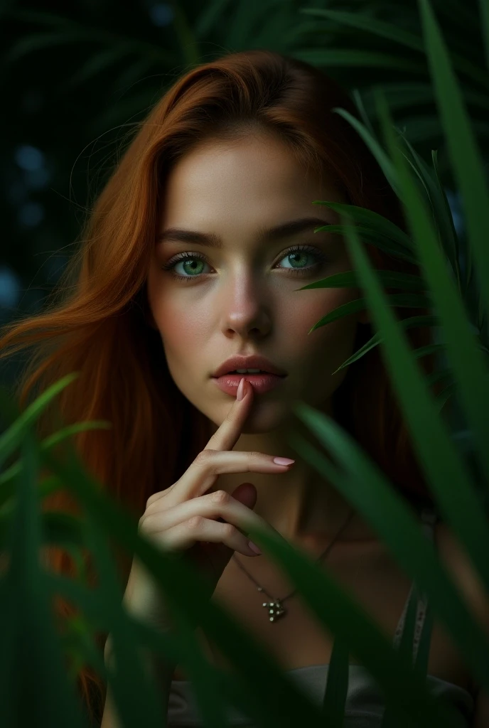  A hyperrealistic image of a woman behind a palm tree snooping,  she is beautiful she has fair skin and electric green eyes ,  she has a finger in her mouth as if thinking , her hair is long copper ,  she is on an island its night  