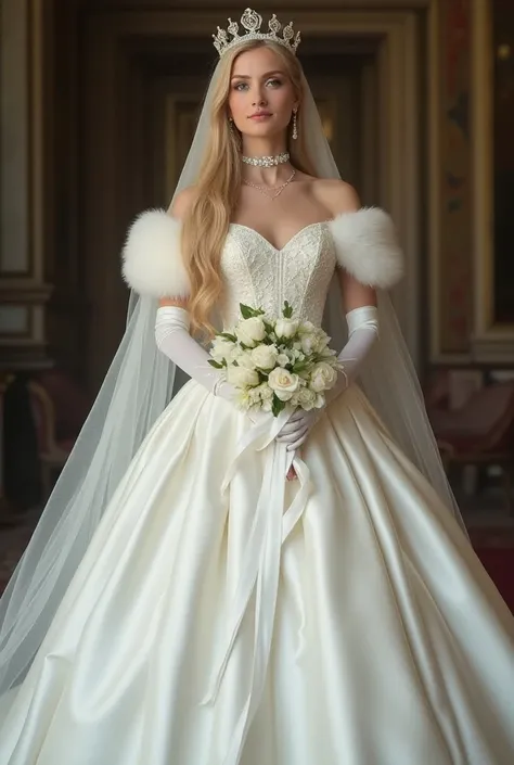 Best quality, Masterpiece, The noble queen wore a solemn and exquisite royal wedding dress in white satin tulle，Wear extra-long white gloves，Decorated with a huge ribbon bow, Embroidery and jewelry, Hourglass waist and voluminous Crinoline hoop skirt, whit...