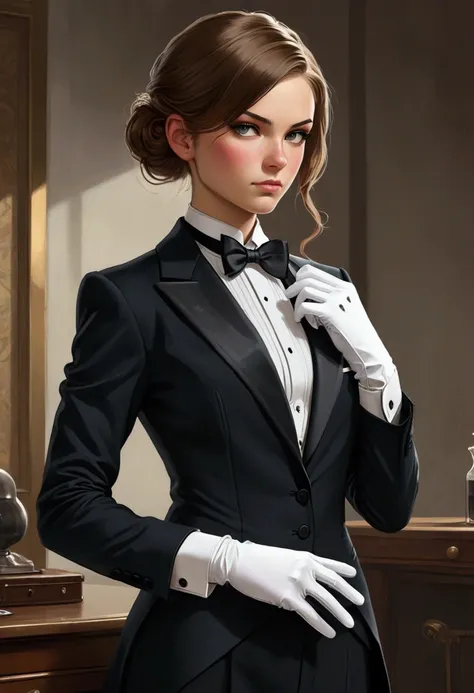 1girl wearing a tuxedo, She puts on her white gloves. Butler female, badass, tailored tailcoat 