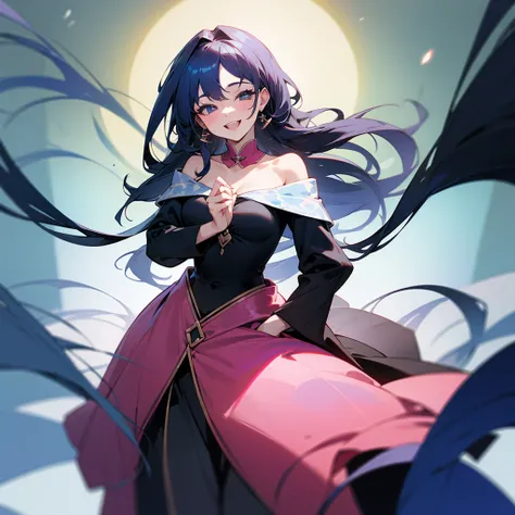 dark blue long hair、 adult woman laughing、 off-the-shoulder clothing、  Hi-Res, smile