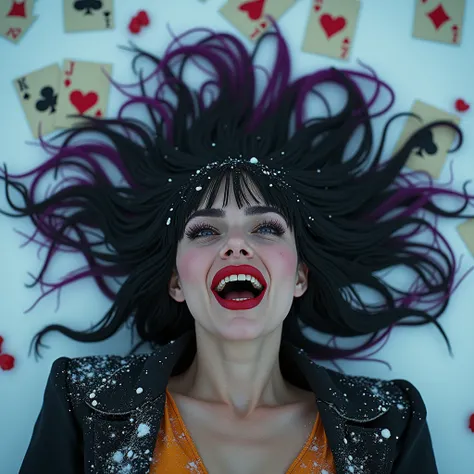 8k: hyper realistic: a tan Russian woman with white eye contacts and very long eyelashes: very long black hair with vivid purple and red strands bangs: wearing an joker costume: make her a  bloody rotten : laying in the snow with a bunch or ripped up joker...