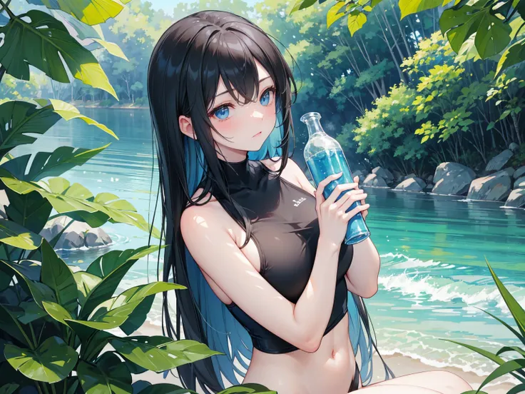  long black straight hair , swimsuit,  blue eyes，Holding a blue bottle, Relaxation posture, sit, Review, healthy skin, Outdoor scenery, Green leaves and blue sky, Bright natural light  ,  The sun shines in from the top left, Warm and soft atmosphere, Side ...