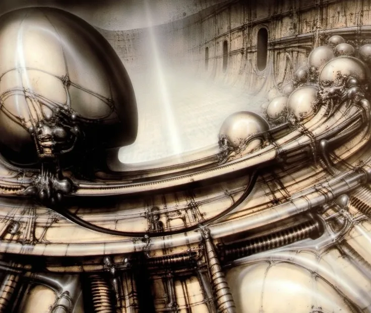 HRGGR, The image is a detailed view of H.R. Gigers biomechanical tableau " LANDSCAPE No 312 " plate, featuring ( Gigers is a fantasy-style illustration of a complex, intricate mechanical structure, resembling a futuristic city or fortress, with a central s...