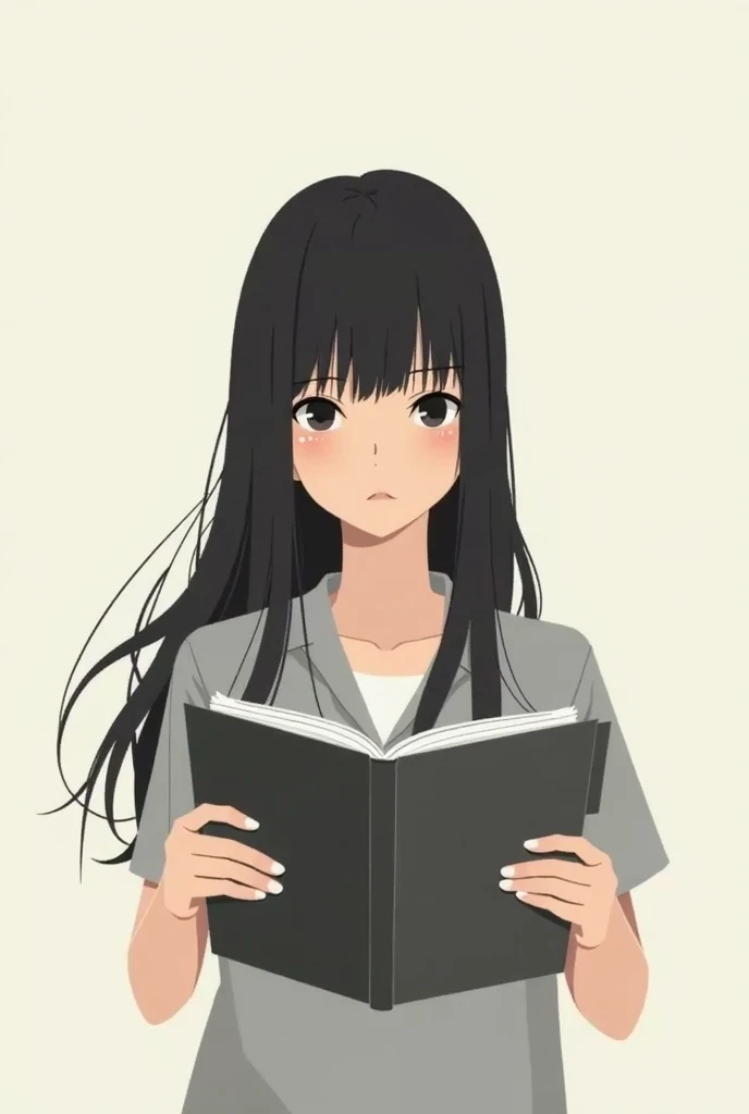 create a minimalist image of an open folder and a teenage girl with long black hair holding it