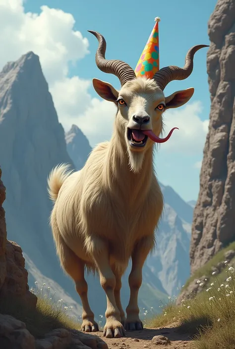 Crazy goat in a mountain. Tongue out. Party hat. Angry