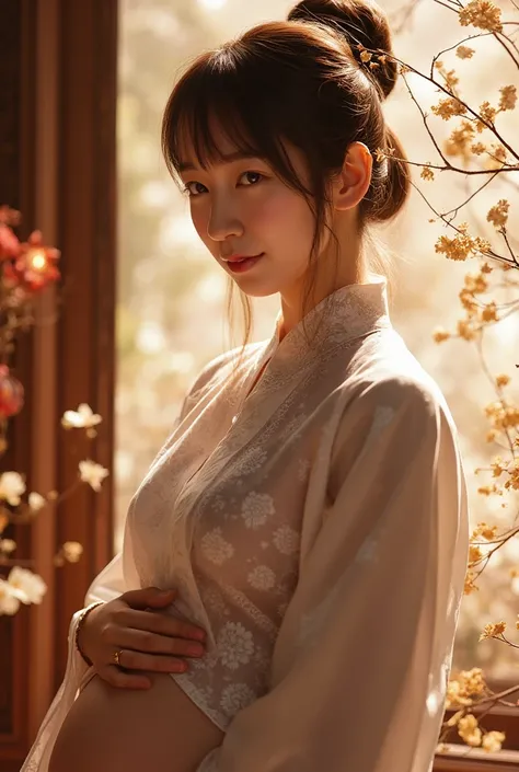 masterpiece, best quality, Married woman， aldult, Chinese style, China, elder sister,  Smile, brown hair, princess cut, Single fried dough stick braid，Black tights，Full of motherhood，Traditional China clothing，Pure desire，blushing，dignified yet lively，Moth...