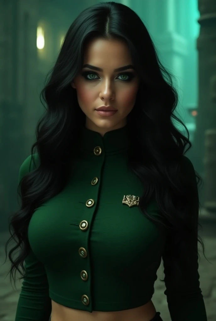 Pretty girl ,  green eyes ,  long black hair  ,  small waist  ,  big ass ,  big breasts shirt ,  heavy makeup  , defined contour  ,  highlighter  , eyeliner,   school uniform dressed in the dd slytherin uniform , Slytherin badge  , sexy skirt , pretty , bo...