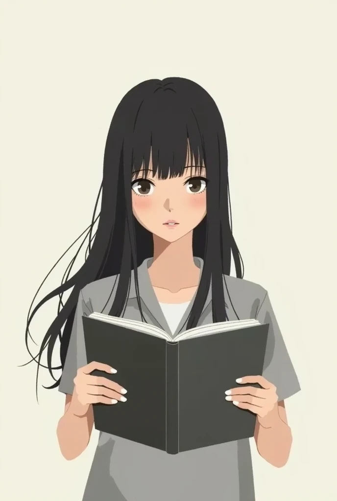 create a minimalist image of an open folder and a teenage girl with long black hair holding it